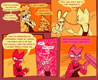 anthro blush bodily_fluids crossed_arms dialogue female hands_on_hips heart_eyes heart_symbol male sweat text vanilla_candy unicorn_blood_(comic) marigold_(unicorn_blood) saffron_(unicorn_blood) tulip_(unicorn_blood) bovid caprine domestic_cat felid feline felis lagomorph mammal sheep comic english_text hi_res restricted_palette