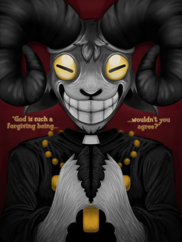 2_horns ambiguous_gender anthro clothed clothed_anthro clothing creepy_smile cross cross_necklace dialogue fur grey_body grey_fur grin hoof_hands horizontal_pupils horn jewelry looking_at_viewer necklace praying praying_hooves priest priest_robes pupils religion smile solo text yellow_sclera ani_jay_tions animal_crossing christianity nintendo bel_(animal_crossing) fan_character bovid caprine mammal sheep 2025 3:4 digital_media_(artwork) digital_painting_(artwork) english_description english_text hi_res painting_(artwork) male_(lore)