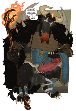 anthro arm_wraps ball_tuft balls bedroom_eyes cape clothed clothing clothing_lift curved_horn dialogue erection fangs fire genitals half-closed_eyes horn hybrid_genitalia hybrid_penis inviting loincloth_lift magic_staff male narrowed_eyes penile_spines penis seductive smile smirk smug smug_face solo speech_bubble staff teeth text tuft tusks wraps roly chimera demon english_text hi_res