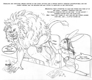 anthro blush claws clothing dialogue dice duo ears_back female fur furniture hair philtrum pivoted_ears shirt table tail tail_tuft text topwear tuft whiskers arania the_cabin_in_the_woods_(arania) amanda_(tcitw) suki_(tcitw) felid lagomorph leporid lion mammal pantherine rabbit comic english_text greyscale hi_res monochrome