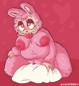anthro big_breasts bodily_fluids breasts clitoris female genital_fluids genitals grinding inverted_nipples masturbation nipples overweight overweight_anthro overweight_female pillow pillow_humping solo sweat tongue tongue_out vaginal_fluids yuckydizzy labubu hi_res