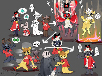 ambiguous_gender anthro antlers bell bell_collar biped black_sclera blood bodily_fluids bone bowing brown_body brown_fur candle chained_up clothed clothing collar cross-popping_vein crying directional_arrow eyes_closed floating front_view fur fur_growth grey_background grey_body grey_fur group growth horizontal_pupils horn human_to_anthro interrobang jumping kneeling legs_together looking_down_at_self nude occult_symbol one_eye_closed open_mouth open_smile pentagram praying pupils ritual simple_background sitting sitting_on_ground skull smile species_transformation speech_bubble standing symbol tears three-quarter_view transformation transformation_sequence white_pupils yellow_body yellow_fur netchy_boo cult_of_the_lamb massive_monster_(studio) lamb_(cult_of_the_lamb) red_crown_(cult_of_the_lamb) yellow_cat_(cult_of_the_lamb) bovid caprine domestic_cat felid feline felis mammal sheep 2022 4:3 character_request colored pictographics