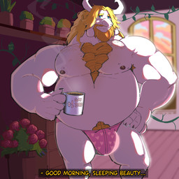 anthro belly beverage bulge coffee male musclegut muscular muscular_male overweight overweight_male buccaner98 undertale_(series) asgore_dreemurr bovid caprine goat mammal 1:1 absurd_res hi_res