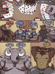 age_difference anthro brown_body brown_fur card clothed clothed_male clothing dialogue eyewear fur glasses grey_body grey_skin group honorific inside looking_at_another male male/male mature_anthro mature_male musclegut muscular muscular_male nipple_piercing nipple_ring nipples overweight overweight_anthro overweight_male partially_clothed piercing playing_card poker poker_chip profanity ring_piercing speech_bubble tail taking_off_shirt tattoo text nanoff alfonso_(nanoff) horacio_(nanoff) suarez_(nanoff) walter_rossi_(nanoff) elephant elephantid hyena mammal proboscidean procyonid raccoon suid suine sus_(pig) wild_boar comic english_text hi_res