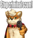 ambiguous_gender anthro anthrofied black_body black_fur black_nose dialogue fluffy fur green_eyes gun handgun inner_ear_fluff looking_at_viewer orange_body orange_fur pistol pointing_gun pointing_gun_at_viewer pokemorph ranged_weapon scarf simple_background solo text threatening threatening_viewer threatening_with_weapon tuft weapon white_background yellow_body yellow_fur murzikteijiro nintendo pokemon tanashi generation_1_pokemon growlithe pokemon_(species) english_text hi_res impact_(font) meme