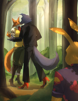 accessory aloha_shirt anthro arm_grab arm_strap black_clothing black_jacket black_topwear blue_body blue_fur boots bottomwear cheek_tuft claws clothing collared_shirt dirt eyes_closed facial_tuft floppy_ears footwear forest forest_background fur grass green_bottomwear green_clothing green_pants group hand_on_wrist head_tilt head_tuft high_heeled_boots high_heels jacket kiss_on_lips kissing leather leather_clothing leather_jacket leather_topwear light long_ears looking_at_another looking_away male male/male multicolored_body multicolored_fur necktie obscured_face orange_body orange_fur pants particles pattern_clothing pattern_shirt pattern_topwear plant pointy_ears purple_clothing purple_shirt purple_topwear rear_view red_boots red_clothing red_footwear red_shirt red_topwear romantic shirt shoes shrub spikes spying straps sunlight tail tail_tuft tiptoes topwear tree trio tuft two_tone_body two_tone_fur vest yellow_body yellow_clothing yellow_fur yellow_shirt yellow_topwear fairlyjeromey don't_eat_the_neighbours fox_(don't_eat_the_neighbours) rabbit_(don't_eat_the_neighbours) wolf_(don't_eat_the_neighbours) canid canine canis fox lagomorph leporid mammal rabbit wolf hi_res