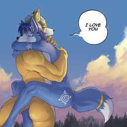 5_fingers anthro anthro_on_anthro athletic athletic_anthro athletic_male black_nose blue_body blue_fur blue_hair butt canon_couple carrying_another carrying_partner dialogue duo eyes_closed female fingers fur hair hug humanoid_hands i_love_you male male/female multicolored_body multicolored_fur nude nude_anthro nude_female nude_male orange_body orange_fur outdoor_nudity outside romantic romantic_ambiance romantic_couple speech_bubble tail text two_tone_body two_tone_fur white_body white_fur lorenzobrezo nintendo star_fox fox_mccloud krystal_(star_fox) canid canine fox mammal english_text