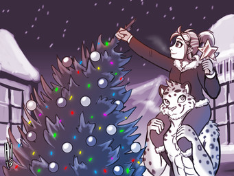 boots breath building clothed clothing coat duo female footwear fur_trim gloves handwear holidays house lights male mountain ornament outside plant shoes snow spots star topless topwear tree village window winter heresy_(artist) christmas twokinds felid human leopard mammal pantherine 2019 4:3 digital_media_(artwork) monochrome sketch spot_color