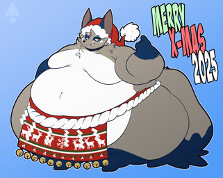 anthro asian_clothing clothing east_asian_clothing holidays male obese overweight solo sumo cirothicc christmas nintendo pokemon canid canine fox generation_8_pokemon mammal nickit pokemon_(species) shiny_pokemon hi_res