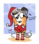 anthro christmas_clothing christmas_headwear clothing female hat headgear headwear holidays santa_hat simple_background solo tail text white_paws zankandreas bluey_(series) christmas strip_meme calypso_(bluey) canid canine canis domestic_dog mammal pastoral_dog english_text hi_res