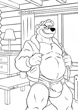 aged_up anthro armchair baseball_cap bedroom bedroom_eyes belly briefs bulge chair clothed clothing coffee_table container cup curtains end_table eyebrows furniture hat head_tuft headgear headwear jacket lamp male mug musclegut muscular narrowed_eyes open_clothing open_jacket open_topwear overweight overweight_anthro overweight_male pantsless presenting_belly raised_eyebrow seductive shirtless_male smile smiling_at_viewer smirk smirking_at_viewer solo suggestive table thick_thighs topwear tuft underwear window wielder13 disney talespin kit_cloudkicker bear mammal hi_res monochrome sketch