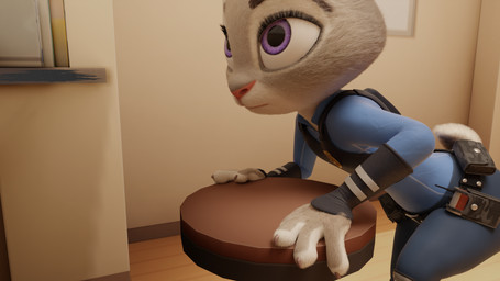 anthro badge belt blue_clothing book chair climbing clothed clothing electronics female female_anthro fur furniture grey_body grey_ears grey_fur inside long_ears looking_at_viewer looking_up paws pink_nose police police_uniform pose purple_eyes radio shelf solo standing tail uniform incinereight_(artist) deltawing123_(modeler) disney zootopia judy_hopps lagomorph leporid mammal rabbit 16:9 3d_(artwork) digital_media_(artwork) hi_res widescreen