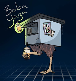 abstract_background ambiguous_gender avian_feet beverage brown_body brown_feathers bubble_tea container cup drinking_straw feathers holding_beverage holding_object kiosk poster_(object) sign solo text ardanelvilyafeanturi baba_yaga's_hut boba_yaga living_building living_kiosk artist_name english_text hi_res