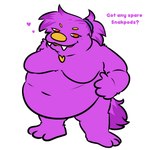 anthro big_breasts breasts featureless_breasts female fur hair overweight overweight_anthro overweight_female ponytail purple_body purple_fur solo text pregsnax(artist) bugsnax young_horses beffica_winklesnoot grumpus 1:1 2024 colored digital_drawing_(artwork) digital_media_(artwork) english_text full-length_portrait hi_res portrait