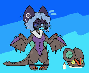 anthro ball_gag bdsm black_body black_fur blindfold blue_hair blush blush_lines bodily_fluids bondage bound button_(fastener) button_eyes clothing costume encasement female forced_suiting fur gag gagged glue glue_bottle glued green_markings grey_body hair leg_cuffs legs_tied lock markings nervous nervous_sweat padlock permanent_bondage permanent_encasement plushsuit pokemon_costume purple_body sensory_deprivation sex_toy_under_clothing shaking solo standing suiting sweat vibrator_under_clothing winged_arms wings squeakitties nintendo pokemon sierra_(batvvolf) bat generation_6_pokemon mammal noivern pokemon_(species) hi_res