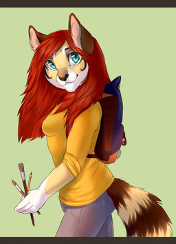 5_fingers anthro backpack bottomwear breasts brush clothed clothing eyebrows female fingers hair looking_at_viewer paintbrush pants red_hair shirt smile solo standing topwear felicia_cat felicia_cat_(character) felid mammal