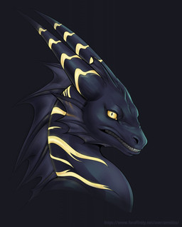 anthro black_background black_body black_horn horn looking_at_viewer male multicolored_body sharp_teeth simple_background solo stripes teeth text yellow_eyes armitiss mythology dragon mythological_creature mythological_scalie scalie hi_res url