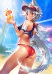 alcohol animal_humanoid beach beverage breasts butt butt_pose canid canid_humanoid canine canine_humanoid clothed clothing cocktail drinking_straw english_text female flower hair hi_res holding_beverage holding_object humanoid looking_at_viewer looking_back mammal mammal_humanoid matsuda_(matsukichi) momiji_inubashiri net plant pose rear_view red_eyes sand seaside sky solo tail tennis_net text touhou visor white_hair white_tail wolf_humanoid wristband