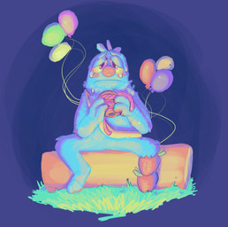 anthro balloon blue_body blue_fur blue_hair blush bodily_fluids crying food front_view fruit fur grass hair half-closed_eyes holding_object inflatable log male narrowed_eyes plant purple_eyes red_nose sad sash sitting sitting_on_log solo strawberry tears wood shaibey bugsnax young_horses filbo_fiddlepie grumpus 2022 digital_media_(artwork) hi_res procreate_(artwork)