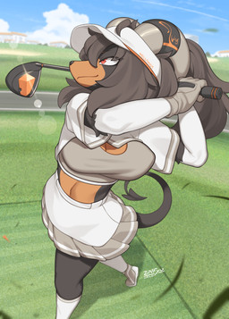 5_fingers anthro biped bottomwear breasts clothing cloud countershade_torso countershading day female fingers footwear front_view fur gloves golf_club grey_body grey_fur grey_hair grey_tail hair handwear hat headgear headwear holding_golf_club horn outside red_eyes shoes skirt sky socks solo standing tail zinfyu nintendo pokemon generation_2_pokemon houndoom pokemon_(species) 2025 absurd_res digital_drawing_(artwork) digital_media_(artwork) hi_res