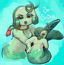 areola breasts butt female green_body green_hair hair looking_at_viewer looking_back looking_back_at_viewer nipples nude simple_background small_breasts solo split_form latchk3y humanoid marine merfolk 2025 hi_res