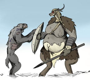 anthro bottomwear clothing female fur fur_collar fur_skirt gloves handwear hyper hyper_pregnancy melee_weapon polearm pregnant shield skirt solo spear weapon vwpologt mayternity_2026 deer mammal monster undead
