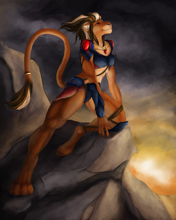 anthro armor digitigrade female hair muscular muscular_anthro muscular_female pose rock smile solo sunset tail merrunz felid lion mammal pantherine 4:5 digital_media_(artwork) shaded
