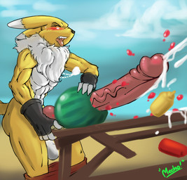abs anthro balls biceps big_penis black_sclera blush bodily_fluids bottomwear bottomwear_down clothed clothing cum dog_tags erection eyes_closed fingerless_gloves food food_fetish food_penetration food_play fruit fur genital_fluids genitals gloves handwear huge_penis hyper hyper_genitalia hyper_penis improvised_sex_toy knot male masturbation melon muscular muscular_anthro muscular_male orgasm orgasm_face outside pants pants_down partially_clothed penetration penile penile_masturbation penis plant short_story solo watermelon white_body white_fur yellow_body yellow_fur mechogama bandai_namco digimon jamie_lamont canid canine digimon_(species) mammal renamon hi_res story story_in_description