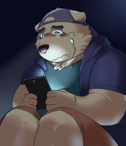 anthro backwards_baseball_cap backwards_hat baseball_cap biped blush bodily_fluids bottomwear brown_body brown_fur brown_nose clothed clothing crying dark dripping ears_down electronics eyebrows fully_clothed fur furgonomics green_eyes hat headgear headwear holding_object jacket kemono male pivoted_ears sad shirt shorts sitting slightly_chubby solo tablet tablet_computer tears topwear bighornsheep_(artist) bear mammal polar_bear ursine 2017 hi_res
