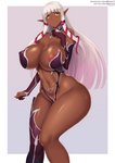 abs big_breasts breasts dark_body dark_skin female hair humanoid_pointy_ears long_hair looking_at_viewer nipples not_furry pointy_ears solo tattoo text white_hair wide_hips womb_tattoo kainkout youkoso_sukebe_elf_no_mori_e evelyn_celebrian elf humanoid mammal url