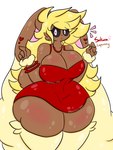 anthro big_breasts blonde_hair bracelet breasts brown_body clothed clothing dress female fur generation_4_pokemon hair heart_symbol hi_res jewelry lagomorph lewdchuu_(artist) lopunny mammal nintendo pink_eyes pokemon pokemon_(species) red_clothing red_dress sakura_(lewdchuu) simple_background solo thick_thighs white_background yellow_body yellow_fur