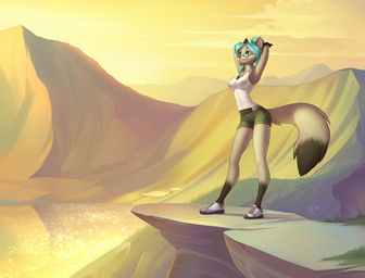 anthro biped bottomwear clothed clothing day detailed_background dipstick_tail eyewear female glasses hands_behind_head markings multicolored_tail nipple_outline outside raised_arms shorts sky solo standing tail tail_markings two_tone_tail yulliandress fatima mammal unknown_species 2014 signature source_request unavailable_at_source