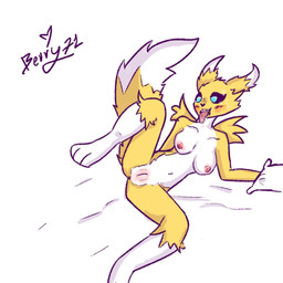 anus berry71 bodily_fluids breasts dipstick_ears dipstick_tail ear_markings female fur genitals gloves_(marking) leg_markings markings multicolored_ears navel nipples nude nude_female socks_(marking) sweat tail tail_markings vulva white_ear_tips white_tail_tip yellow_body yellow_fur bandai_namco digimon digimon_(species) mammal renamon 1:1 tagme