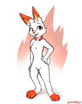 2019 anthro breasts cheek_tuft chest_tuft digital_media_(artwork) dipstick_ears ear_markings enginetrap facial_tuft featureless_breasts featureless_crotch female fur generation_8_pokemon hand_on_hip hi_res lagomorph leg_markings looking_at_viewer mammal markings multicolored_ears nintendo nude open_mouth open_smile orange_body orange_fur pokemon pokemon_(species) scorbunny simple_background smile socks_(marking) solo standing tuft white_body white_fur