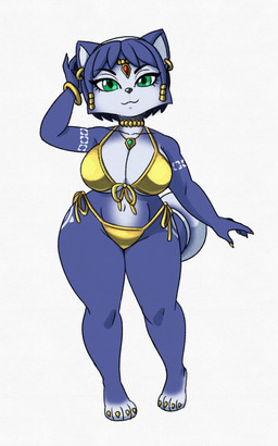 accessory anthro beads big_breasts bikini blue_body blue_fur blue_hair bracelet breasts choker circlet clothing collarbone dipstick_tail ear_piercing ear_ring eyebrows eyelashes feet female front-tie_bikini fur gold_bikini green_eyes hair hair_accessory hair_beads hairband jewelry markings necklace piercing ring_piercing side-tie_bikini smile solo string_bikini swimwear tail tail_markings thick_thighs tribal tribal_markings two-piece_swimsuit white_body white_fur wide_hips omegasunburst golden_week nintendo star_fox krystal_(star_fox) canid canine fox mammal colored_sketch hi_res sketch
