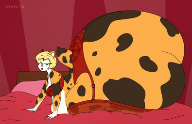 anthro bed bedding bedroom_eyes belly big_butt blanket blonde_hair breasts butt clothing copyright_symbol female fur furniture green_eyes hair huge_butt huge_thighs hyper hyper_butt hyper_thighs lingerie markings mottled mottled_body narrowed_eyes overweight overweight_anthro overweight_female piebald piebald_body pillow seductive solo spots spotted_body spotted_fur symbol thick_thighs white_body white_fur satsumalord haleigh_(satsumalord) calico_cat domestic_cat felid feline felis mammal 2015 digital_media_(artwork)