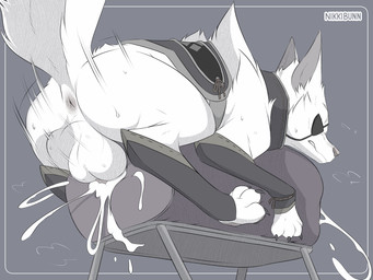 albino anatomically_correct anatomically_correct_genitalia angry anus arm_warmers armwear ball_slap balls bodily_fluids breath breeding_mount butt claws clothed clothed_feral clothing cum digitigrade ears_back ejaculation erection eye_patch eyewear feral finger_claws fluffy from_behind_position fur genital_fluids genitals male masturbation mounting panting pivoted_ears quadruped raised_tail rear_view saggy_balls scarf sex slap solo sweat sweatdrop tail nikkibunn capcom monster_hunter hauser_(anormaldog) canyne mammal palamute absurd_res hi_res