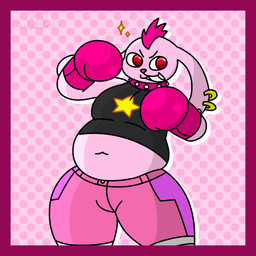 anthro border bottomwear boxing_gloves clothing collar dotted_background ear_piercing ear_ring handwear male mohawk pattern_background piercing purple_border ring_piercing shirt shorts simple_background smile solo spiked_collar spikes topwear thefreshsig bemani konami pop'n_music chocky_(pop'n_music) lagomorph leporid mammal rabbit 1:1 absurd_res hi_res