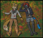 4_toes ambiguous_gender anthro autumn black_body black_fur black_nose blonde_hair blue_body blue_eyes blue_fur clothed clothing digitigrade duo eye_contact feet fur hair happy leaf looking_at_another lying on_back open_mouth outside pawpads paws red_body red_fur red_hair tail toes yellow_body yellow_eyes yellow_fur shikakaka imeow reizo domestic_cat felid feline felis hybrid mammal