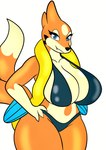 2_tails absurd_res anthro big_breasts bikini black_bikini black_clothing black_swimwear blue_eyes breasts clothing curvy_figure eyelashes female floatzel furry_funnychan generation_4_pokemon hands_on_hips hi_res huge_breasts multi_tail nintendo orange_body pokemon pokemon_(species) simple_background skimpy_bikini smile solo swimwear tail thick_thighs two-piece_swimsuit white_background wide_hips