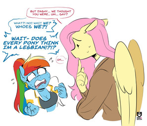 anthro anthrofied bodily_fluids breasts cleavage clothed clothing dialogue duo ear_piercing female hair interrobang multicolored_hair piercing ponytail rainbow_hair simple_background size_difference sweat sweatdrop text white_background wings redxbacon friendship_is_magic hasbro my_little_pony mythology fluttershy_(mlp) rainbow_dash_(mlp) equid equine mammal mythological_creature mythological_equine pegasus english_text