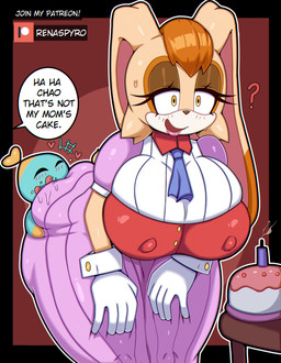 anthro big_breasts biped breasts cake clothed clothing dessert dialogue eyelashes female food larger_female licking pupils size_difference smile speech_bubble text tongue renaspyro sega sonic_the_hedgehog_(series) vanilla_the_rabbit chao_(sonic) lagomorph leporid mammal rabbit absurd_res hi_res