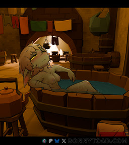 areola bathing biped blush breasts detailed_background female fireplace freckled_arms freckled_ears freckled_face freckled_legs freckled_shoulders freckled_thighs freckles green_body inside nipples not_furry partially_submerged solo text water yellow_sclera bonnytoad goblin humanoid absurd_res hi_res url