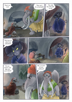 ambiguous_gender anthro biped black_body black_fur cave cave_painting clothed clothing dialogue dialogue_box feathers fur grey_body group hat headgear headwear inside male proboscis_(anatomy) speech_bubble tail text trio trunk_(anatomy) bjekkergauken imbali_(bjekkergauken) isilo_(bjekkergauken) avian bird elephant elephantid mammal proboscidean unknown_species 2025 comic english_text hi_res