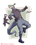 anthro beverage boots clothed clothing container cup dart dropping footwear gloves gun handwear male patreon_logo ranged_weapon security security_guard shocked shoes solo submachine_gun text tranquilizer weapon darbaras patreon lizard reptile scalie 2022 colored hi_res url