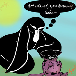 angry anthro belly big_belly big_breasts big_tongue black_body breasts duo ectoplasm eyes_closed fangs female feral grumpy huge_belly huge_breasts ink navel nude nude_female prank purple_body simple_background slime speech_bubble tail teeth tongue tongue_out chefrens nora_(chefrens) yoka_(chefrens) domestic_cat felid feline felis ghost goo_creature humanoid mammal spirit 1:1 hi_res