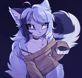 5_fingers ahoge anthro black_choker black_jewelry black_necklace black_nose black_sclera blue_body blue_fur blue_hair bottomless choker clothed clothing eyebrows female fingers fur grey_eyes hair heterochromia inner_ear_fluff jewelry long_hair markings multicolored_body multicolored_fur multicolored_hair necklace pose pupils raised_eyebrows simple_background smile solo tail thigh_gap topwear tuft white_body white_eyes white_fur white_hair white_pupils white_sclera 3rdperson_iz domestic_cat felid feline felis mammal colored digital_drawing_(artwork) digital_media_(artwork) hi_res shaded