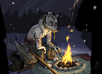 anthro campfire detailed_background fire fur grey_body grey_fur halberd light log male melee_weapon night outside polearm sitting solo weapon wood theblueberrycarrots canid canine canis mammal wolf 2023 digital_media_(artwork) hi_res lighting shaded signature
