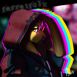 anthro badge clothing dreadlocks eyewear female fur glasses hood_up hoodie looking_at_viewer orange_body orange_eyes orange_fur round_glasses solo topwear ferretfolk rydae_(ferretfolk) lagomorph leporid mammal rabbit 1:1 hi_res
