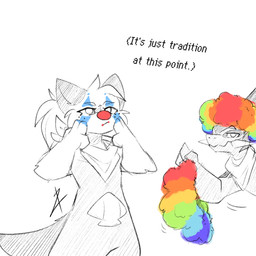 3_toes 4_fingers ambiguous_gender anthro clown_costume clown_makeup clown_nose clown_paint duo feet fingers looking_at_viewer multicolored_body semi-anthro simple_background text toes two_tone_body white_background azurityarts nintendo pokemon pokemon_mystery_dungeon spike_chunsoft axdrew_(azurityarts) brooke_(azurityarts) axew generation_5_pokemon oshawott pokemon_(species) 1:1 2025 english_text signature